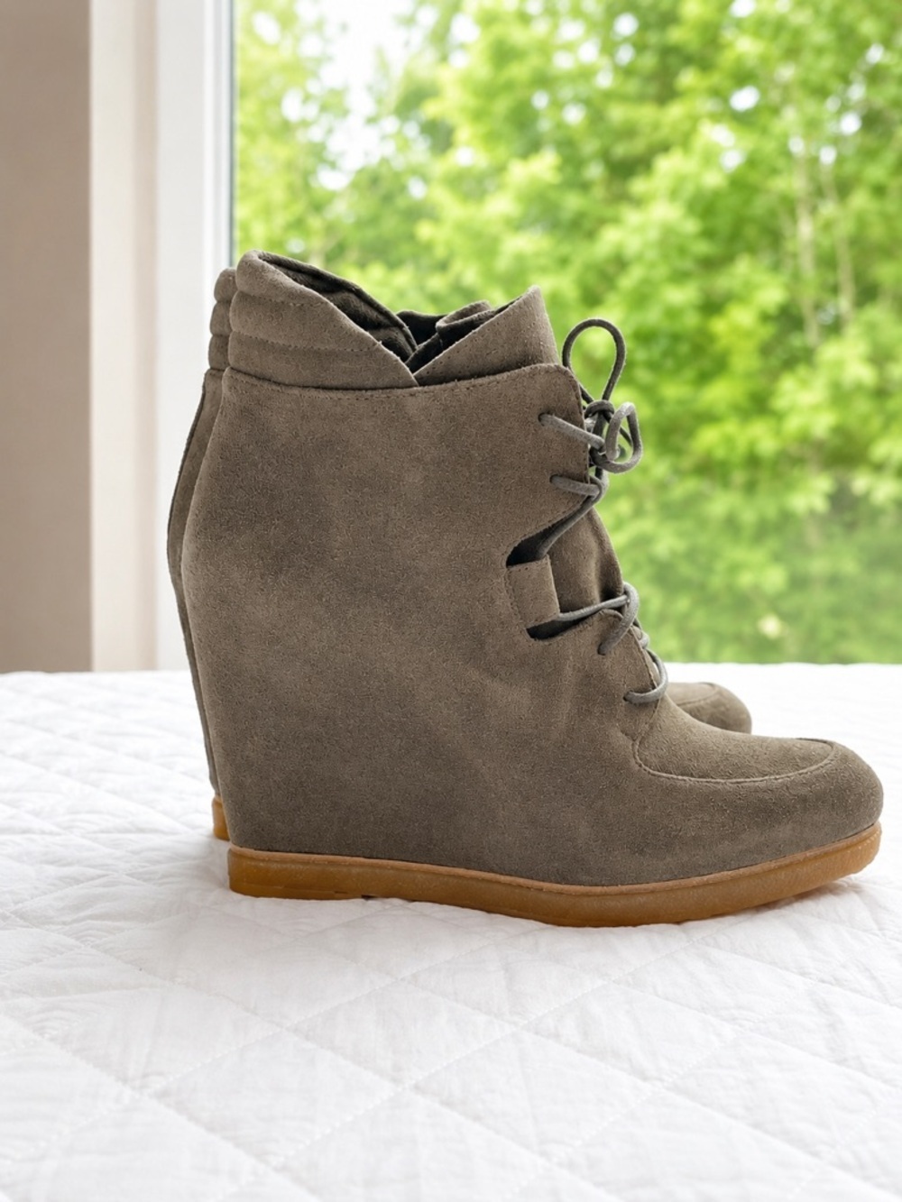 Stuart Weitzman Taupe Suede Lace-Up Wedge Booties​